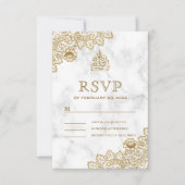 ホワイトマーブル金ゴールドレースイスラム結婚教徒 出欠カード (正面)