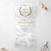 ホワイトマーブル金ゴールドローレルリースオールインワン結婚ズ 三つ折り招待状 (内部)