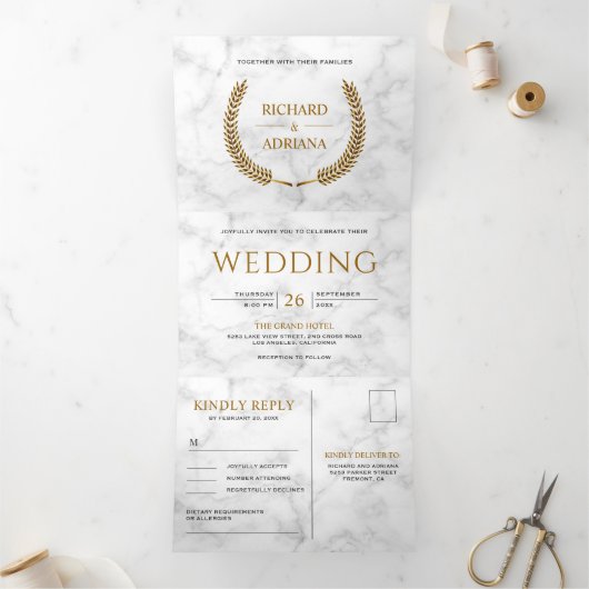 ホワイトマーブル金ゴールドローレルリースオールインワン結婚ズ 三つ折り招待状 (内部)