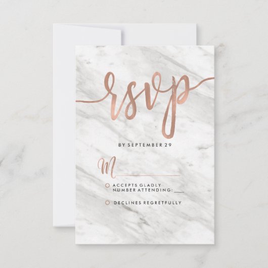 ホワイトマーブル&バラ金ゴールドモダンウェディングRSVP 出欠カード (正面)