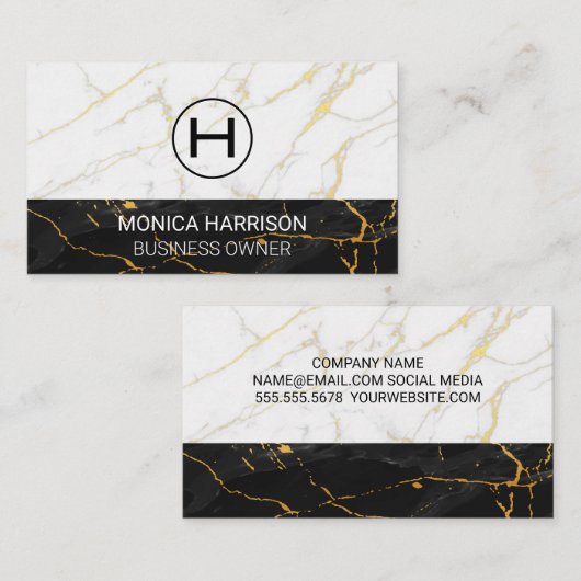 ホワイトマーブル |黒い金ゴールド大理石 名刺 (正面/裏面)