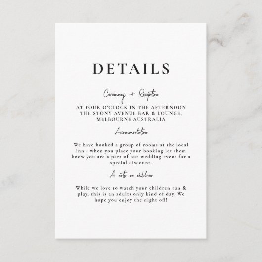 ホワイトミニマリストエレガントな結婚式詳細 エンクロージャーカード (正面)