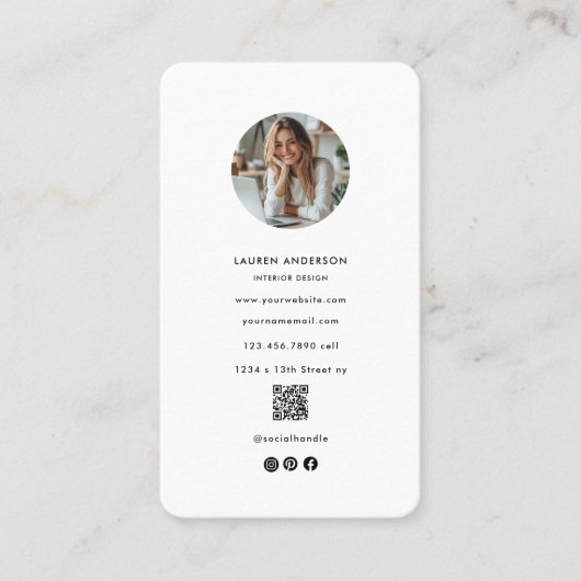 ホワイトミニマリスト写真とQRコードモダン 名刺 (正面)