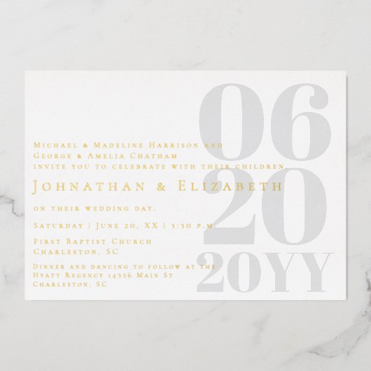 ホワイトミニマルはっきりしたリストタイプ結婚の写真 箔招待状 (正面)