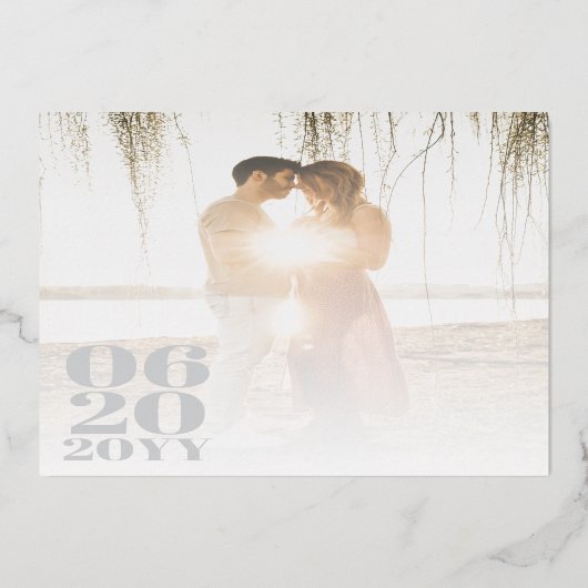 ホワイトミニマルはっきりしたリストタイプ結婚の写真 箔招待状 (裏面)