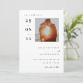 ホワイトミニマルシンプルリストの写真日付の保存 招待状 (スタンド正面)