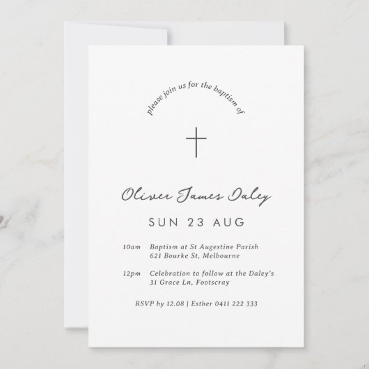 ホワイトミニマルバプテスマ《キリスト教》洗礼式や命名式クロス招待状 招待状 (正面)