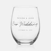 ホワイトミニマルモダンリストスクリプト結婚式の引き出物 ステムなしワイングラス (裏面)