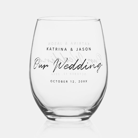 ホワイトミニマルモダンリストスクリプト結婚式の引き出物 ステムなしワイングラス (裏面)