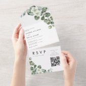 ホワイトミニマルモダンリストユーカリQRコー結婚ド オールインワン招待状 (貼ってはがせる)