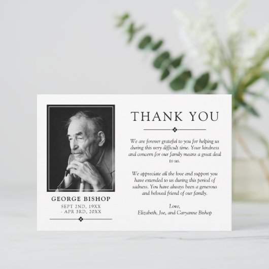 ホワイトミニマル写真悔やみや弔慰ありがとう サンキューカード (スタンド正面)