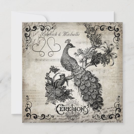 ホワイトミュージカルノートピーコック結婚式招待状 招待状 (正面)