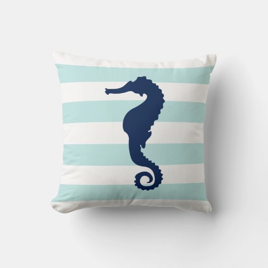 ホワイトミント&ブルーワイドパタストライプーンシーホース クッション (正面)