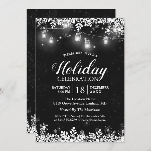 ホワイトメイソンジャールライツスノーフレークスクリスマスパーティー 招待状 (正面/裏面)