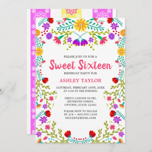 ホワイトメキシカンフィエスタフォークアートフローラSweet sixteen 招待状 (正面/裏面)