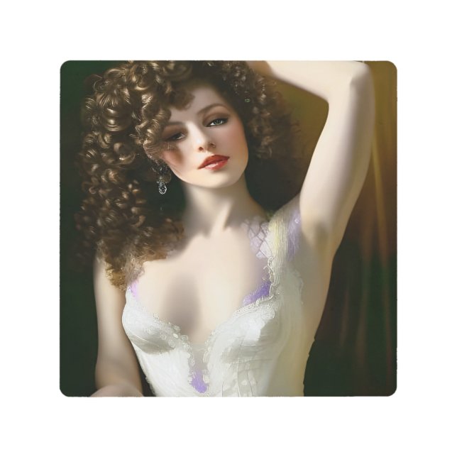 ホワイトメタルの美スリップまたは滑ること女プリント メタルプリント (正面)