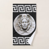 ホワイトメドゥーサギリシャ鍵オンブラックデザイナー バスタオルセット (ハンドタオル)