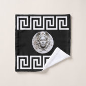 ホワイトメドゥーサギリシャ鍵オンブラックデザイナー バスタオルセット (ウォッシュタオル)