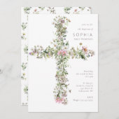 ホワイトメドウワイルドフラワークロスバプテスマ《キリスト教》洗礼式や命名式 招待状 (正面/裏面)