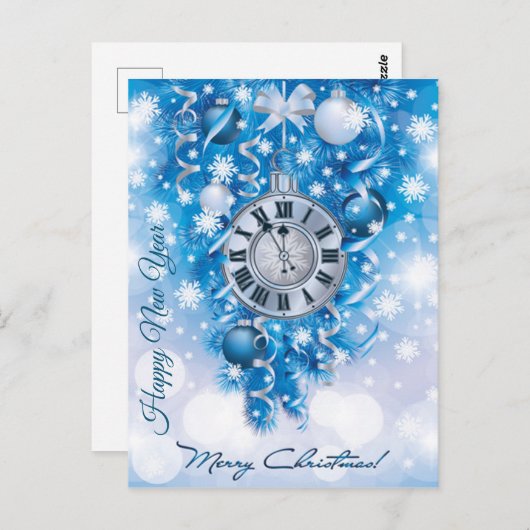 ホワイトメリークリスマスのお正月の時計の青 ポストカード (正面/裏面)