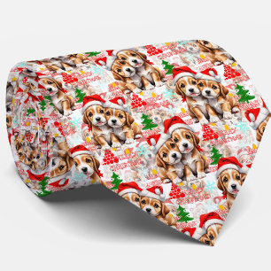 ホワイトメリークリスマスサンタハットドッグパピーデザイン ネクタイ