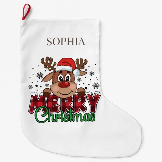 ホワイトメリークリスマストナカイ名前をカスタムする ラージクリスマスストッキング (正面)