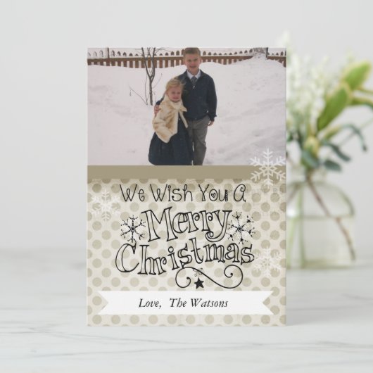 ホワイトメリークリスマスフォトカードの上のクレイドット シーズンカード (スタンド正面)