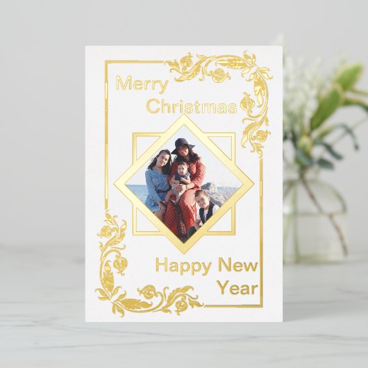 ホワイトメリークリスマス写真新年おめでとう 箔シーズンカード (立ち正面)