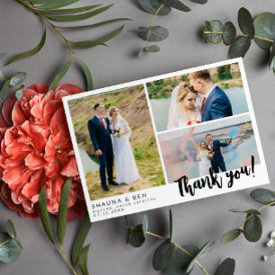 ホワイトモダンの結婚3 Photo Collageありがとう サンキューカード