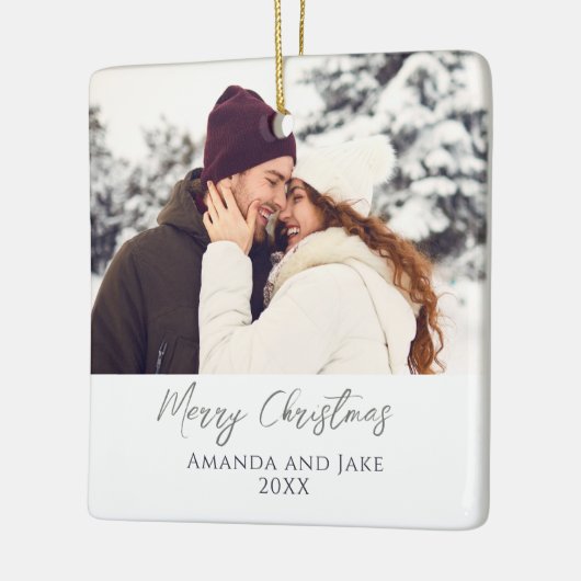 ホワイトモダンカスタムクリスマスメリークリスマスフォト セラミックオーナメント (左)