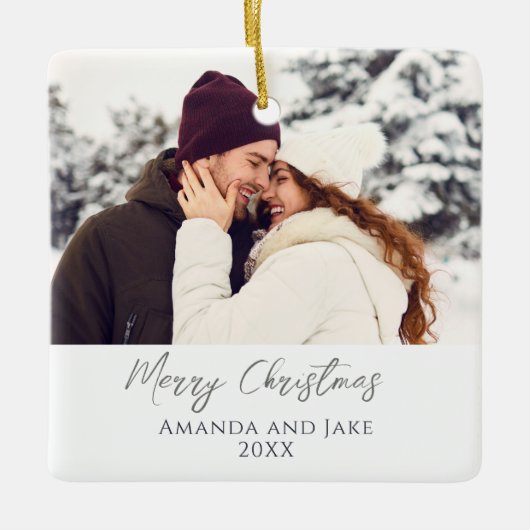 ホワイトモダンカスタムクリスマスメリークリスマスフォト セラミックオーナメント (正面)