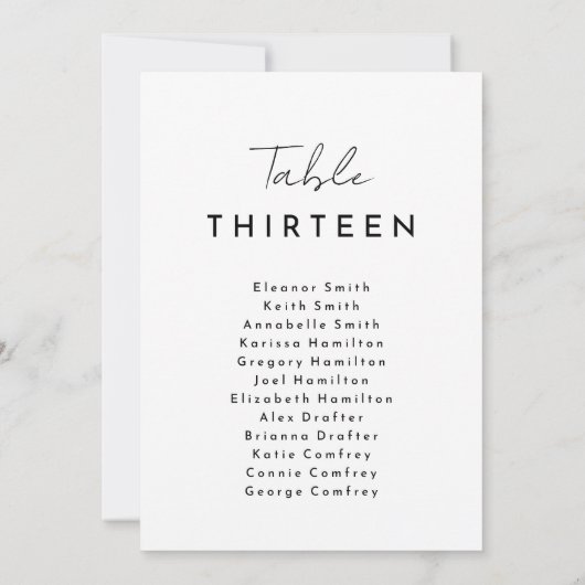 ホワイトモダンスクリプぶら下がったトの座席表カード 招待状 (裏面)