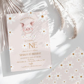 ホワイトモダンデイジーリトルピギー1st誕生日 招待状