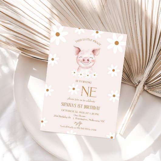 ホワイトモダンデイジーリトルピギー1st誕生日 招待状