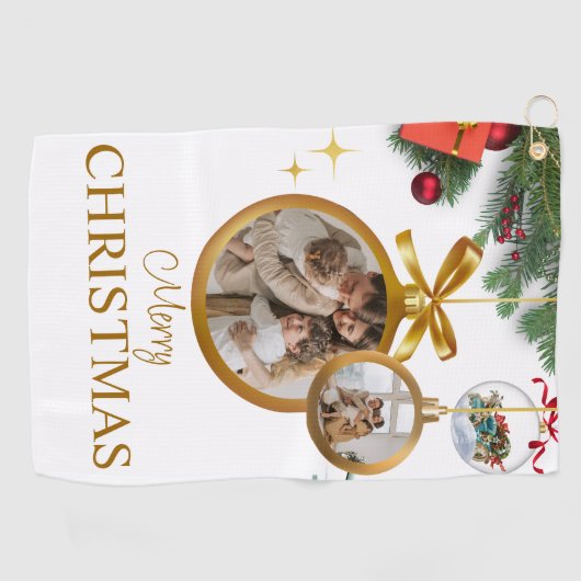 ホワイトモダンメリークリスマスカスタムゴルフタオル ゴルフタオル (横)