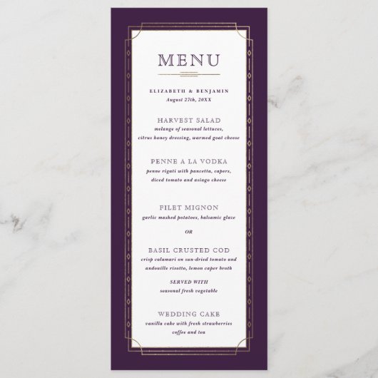 ホワイトモダンヴィンテージプラムパープルゴールドフォイル結婚ズ メニュー (正面)