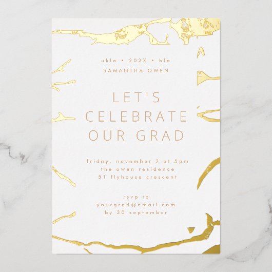 ホワイトモダン卒業パーティー金ゴールド大理石 箔招待状 (正面)