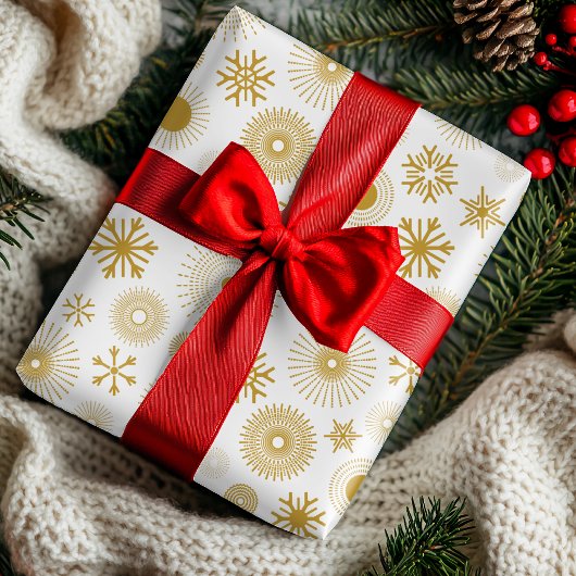 ホワイトモダン金ゴールドスノーフレークスクリスマス ラッピングペーパー
