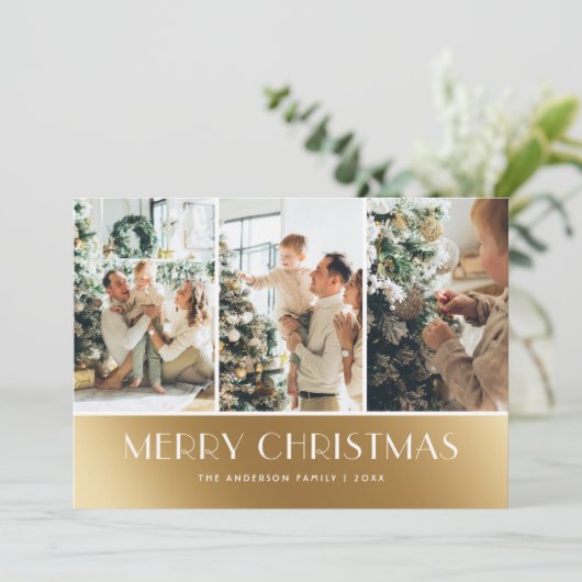 ホワイトモダン金ゴールド写真コラージュクリスマスカード シーズンカード (スタンド正面)