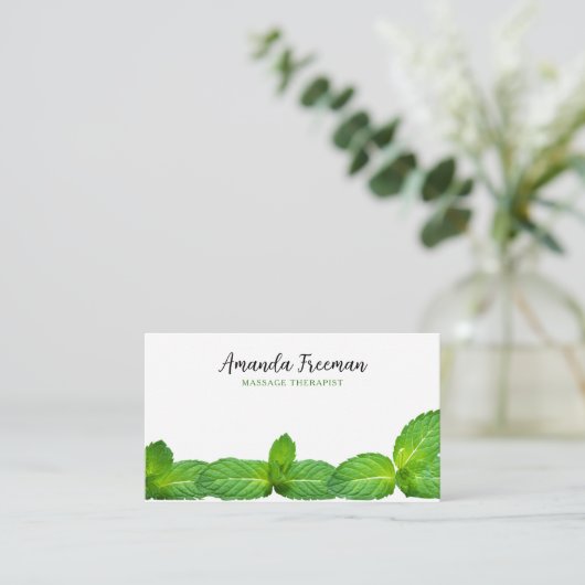 ホワイトモダン&グリーンミント離れマッサージセラピー 名刺 (スタンド正面)