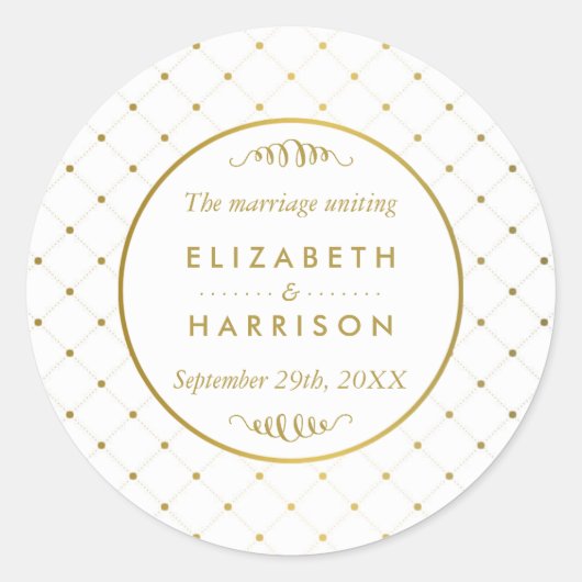 ホワイトモダン&ゴールドフォイル効果結婚式の引き出物 ラウンドシール (正面)
