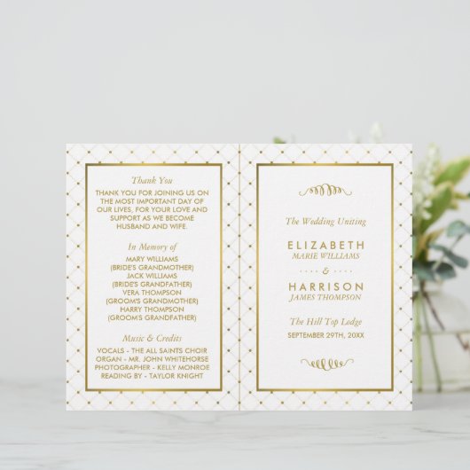 ホワイトモダン&ゴールドフォイル効果結婚式 プログラム (スタンド正面)