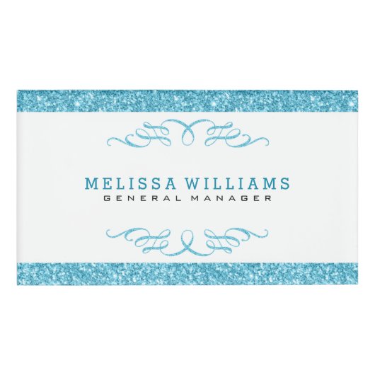 ホワイトモダン&ターコイズグリッター&スワーズデザイン 名札 (正面)