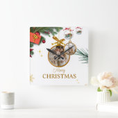 ホワイトモダン・メリー・クリスマス10.75インチ・アクリル スクエア壁時計 (ホーム)