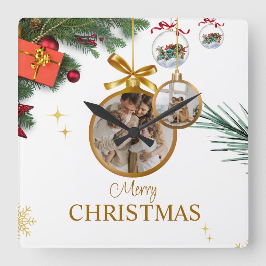 ホワイトモダン・メリー・クリスマス10.75インチ・アクリル スクエア壁時計 (正面)