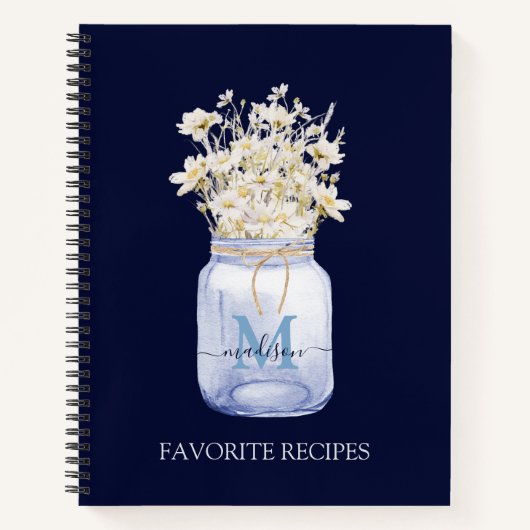 ホワイトモノグラムのデイジーフラワーインメイソンジャーレシピ ノートブック (正面)