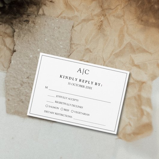 ホワイトモノグラムミール選択ウェディングRSVPカード 出欠カード