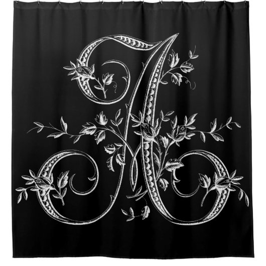 ホワイトモノグラムレターAヴィンテージフランスのローズバド シャワーカーテン (正面)