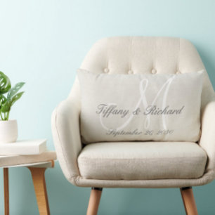 ホワイトモノグラム素朴ルックリネン結婚ズ ランバークッション