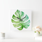 ホワイトモンステラ葉植物性熱帯植物 スクエア壁時計 (ホーム)